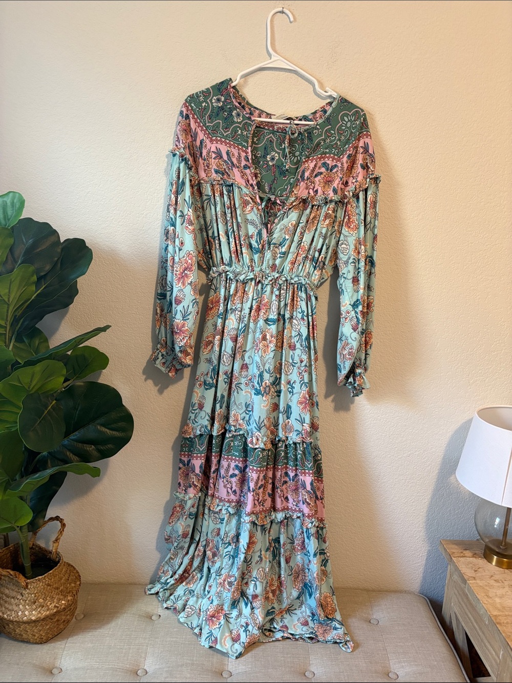 Boho Tiered long balloon sleeve Maxi Dress in Mint and Pink Medium